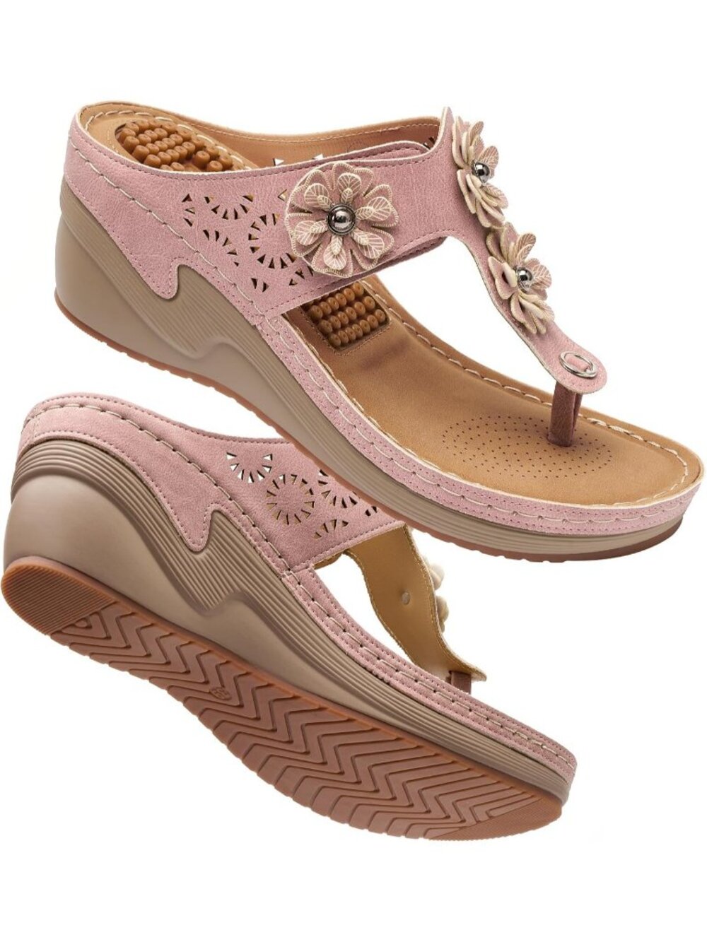 Women's Pink Adjustable Strap Casual Platform Flip Flops Heels Wedge Sandals